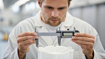 A technician measures a component with a caliper in a well-lit industrial setting, focusing on precision and detail.
