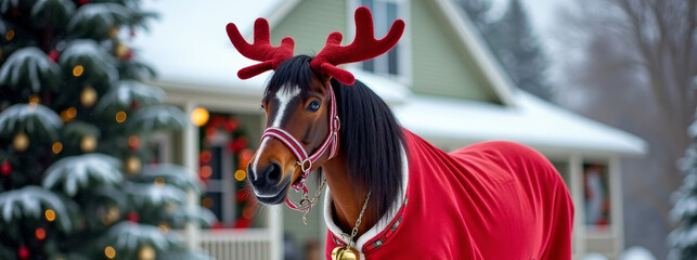 Adorable horse dressed as a reindeer with Christmas decorations. Festive portrait capturing joyful winter spirit, community celebration, and holiday atmosphere with equine charm. Xmas banner