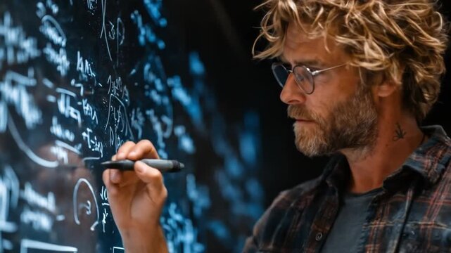Man writing complex equations on digital display with a black marker