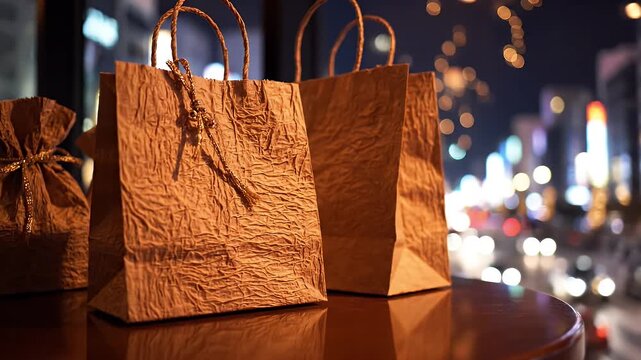 Close Up of Paper Shopping Bags and Gift Bags on a Reflective Surface with Bokeh Background at Night
