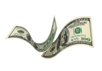 Two hundred dollar bills flowing and curving in a wave shape, isolated on transparent background