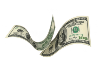 Two hundred dollar bills flowing and curving in a wave shape, isolated on transparent background