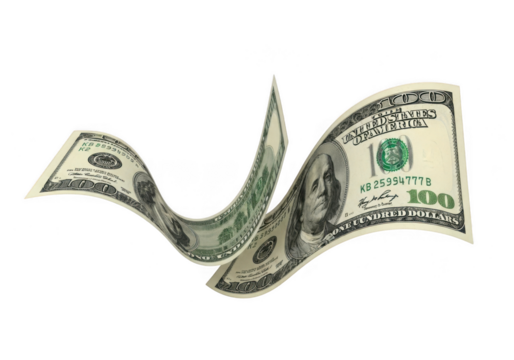 Two hundred dollar bills flowing and curving in a wave shape, isolated on transparent background - Powered by Adobe
