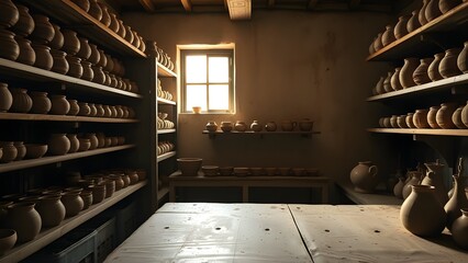 Interior view of a workshop filled with shelves of ceramic pots and jugs, illuminated by natural light from a small window