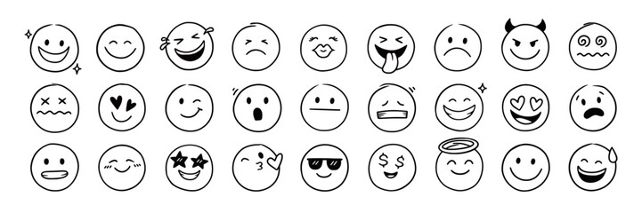 Face emoji icon set. Hand drawn doodle sketch style happy, angry, sad mood face emoticon background. Funny cartoon characters smile, wink, kiss emoji. Cute circle emotion element. Vector illustration