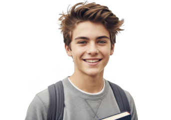 A happy teenage boy with a backpack and a book, isolated on transparent background