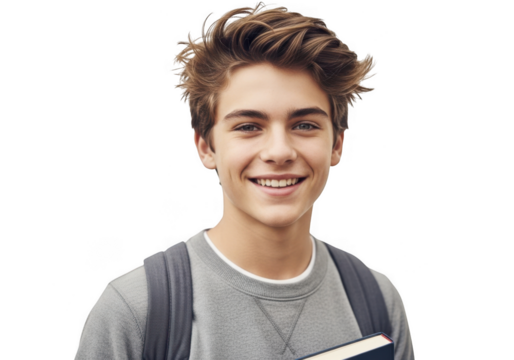 A happy teenage boy with a backpack and a book, isolated on transparent background