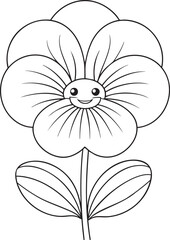 Smiling pansy flower cartoon line art with happy face, perfect for kids coloring page and art projects