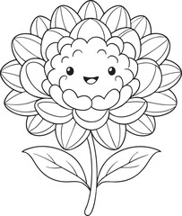 Smiling peony flower cartoon outline drawing for kids coloring book and playful floral design illustration