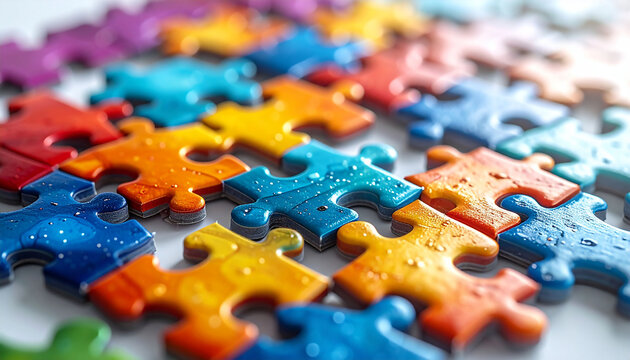 Colorful puzzle pieces scattered together, close-up view.