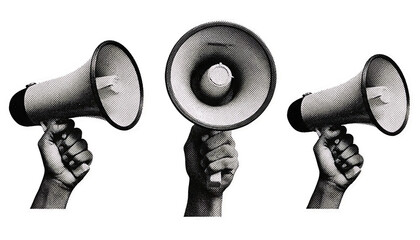 Three hands holding vintage megaphones in a row against a black background conveying a message of protest and communication