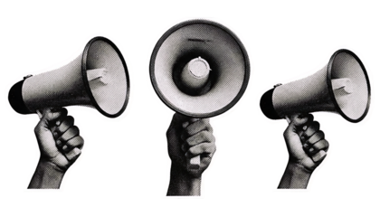 Three hands holding vintage megaphones in a row against a black background conveying a message of protest and communication