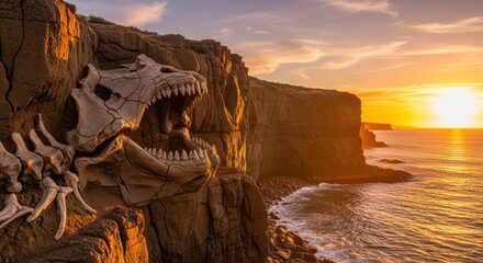 Ancient predator fossil on coastal cliffside with vibrant sunset seascape panoramic view