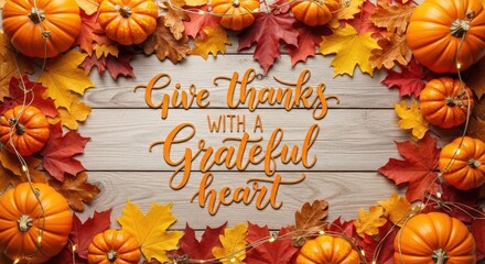 A wooden table with a colorful autumn leaf border and pumpkins, with a message that says 'Give thanks with a grateful heart'.