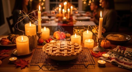 A beautifully lit Thanksgiving table with a lattice-topped pie, surrounded by candles and autumn decorations.
