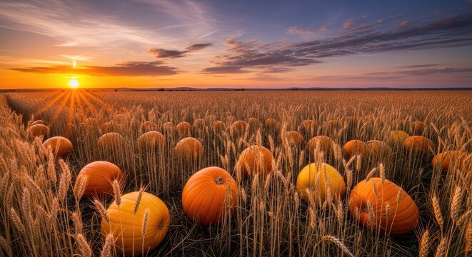 A vibrant pumpkin field at sunset with a sunburst and a cloudy sky. - Powered by Adobe