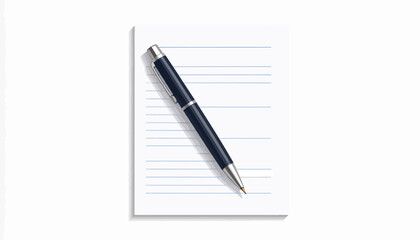 Naklejka premium A pen rests on a notepad with lined paper, casting a soft shadow on a white background.