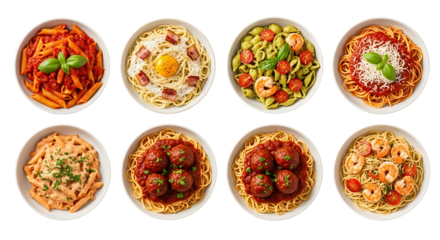 Eight delicious and diverse pasta dishes presented in oval white bowls against a stark black background showcasing variety and culinary artistry