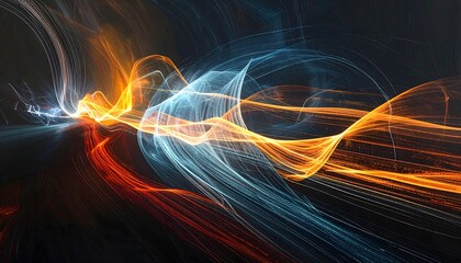 Abstract glowing waves of orange and blue light streaks flowing in darkness, representing energy and movement