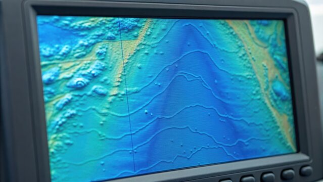 Topographic map displayed on a screen, showing detailed contours and ocean depths in vibrant blue and green hues.