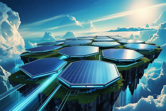 Futuristic Floating Islands with Hexagonal Solar Panels and Glowing Energy Lines Keywords: futuristic, solar power, renewable energy, floating islands, hexagonal panels, technology, innovation