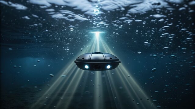 A futuristic underwater vehicle exploring the depths, illuminated by beams of light through bubbles in a dark aquatic environment.