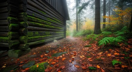Idyllic autumnal scenery with moss-covered log cabin nestled in a misty forest trail