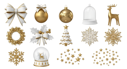 Collection of festive christmas ornaments and decorations including bows snowflakes reindeer and a snow globe on a black background