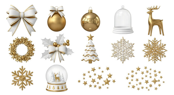 Collection of festive christmas ornaments and decorations including bows snowflakes reindeer and a snow globe on a black background