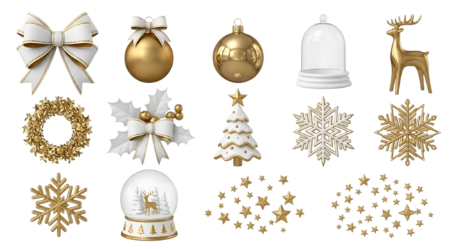 Collection of festive christmas ornaments and decorations including bows snowflakes reindeer and a snow globe on a black background
