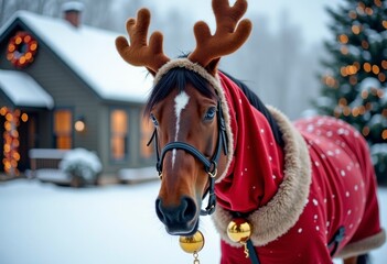 Festive horse with holiday decorations, Equine dressed as reindeer with Christmas accessories, Charming holiday portrait of horse adorned as deer amidst winter decorations and community festivities
