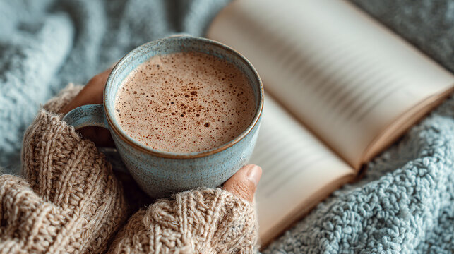 Hand holding coffee cup beside open notebook on workspace desk cozy morning scene flat lay concept of productivity planning study and warm beverage lifestyle scene
