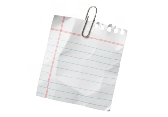 A crumpled piece of lined paper with red and blue lines, held by a silver paperclip, isolated on a transparent background