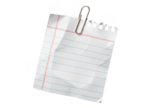 A crumpled piece of lined paper with red and blue lines, held by a silver paperclip, isolated on a transparent background