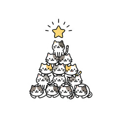 Adorable pyramid of cute cartoon cats stacked in a festive Christmas tree shape with a shining star.