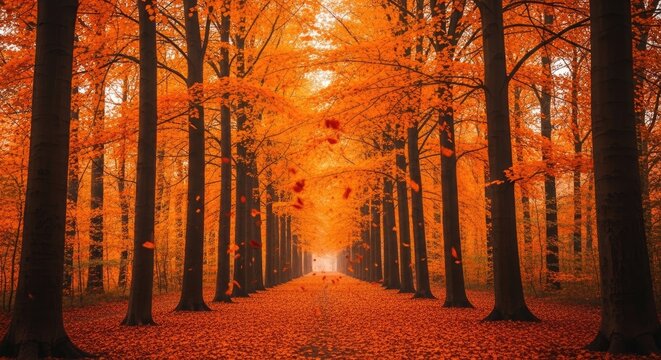 A serene autumnal forest with orange leaves falling from the trees, creating a picturesque scene.