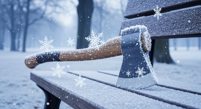 Winter's chill: An axe rests on a snow-covered bench amidst falling snowflakes creating a tranquil