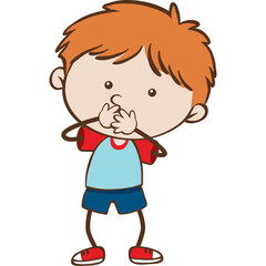 Cartoon boy covering mouth with hands in surprise or shyness wearing blue shirt red sleeves and blue shorts against a white background