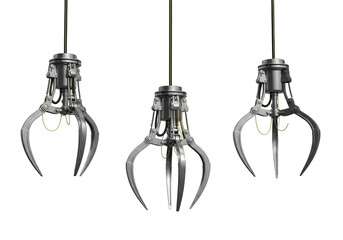 Three industrial claw machine grabber arms, isolated on transparent background