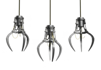 Three industrial claw machine grabber arms, isolated on transparent background