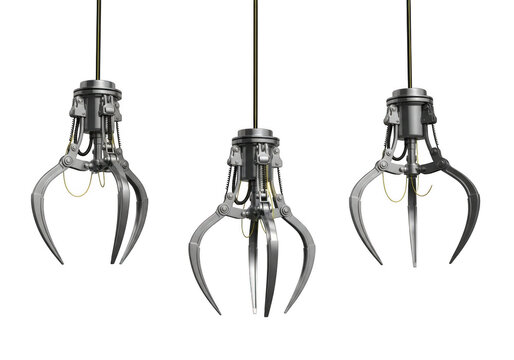 Three industrial claw machine grabber arms, isolated on transparent background