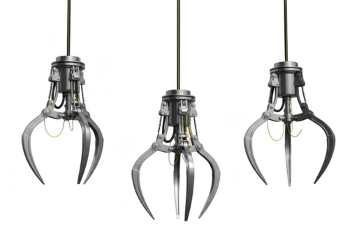 Three industrial claw machine grabber arms, isolated on transparent background