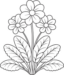 Charming primrose flower bouquet outline drawing with leaves, floral coloring book page design art
