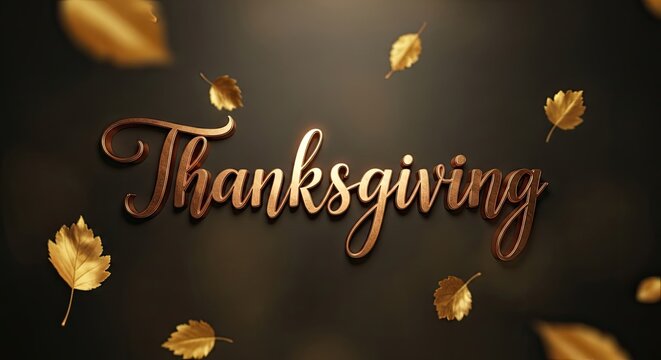 A festive Thanksgiving greeting with golden leaves and a warm, autumnal tone.
