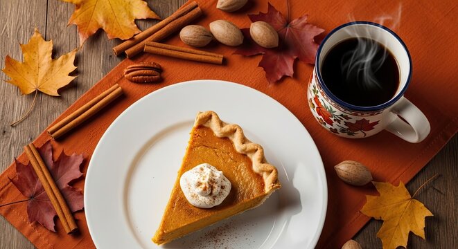 A slice of pumpkin pie with whipped cream on a white plate, surrounded by cinnamon sticks, pecans, and a cup of coffee on an orange napkin with autumn leaves.