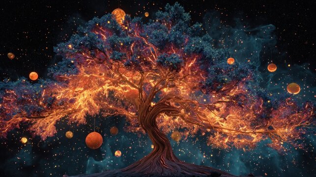 A tree made of fiery plasma and solar flares, with ornaments of small planets, cosmic and energetic, nebula background