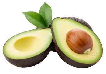 Fresh ripe avocado cut in half showing the seed and creamy green flesh, isolated on transparent background