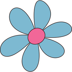 A stylized blue flower with a pink center and black outline on a transparent background representing simplicity and nature