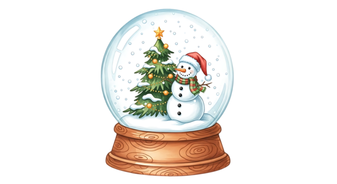 Charming watercolor illustration of a festive snow globe featuring a smiling snowman and a decorated christmas tree with falling snow