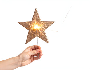 A hand holding a sparkling star-shaped sparkler, isolated on a white background, symbolizing celebration and festive joy